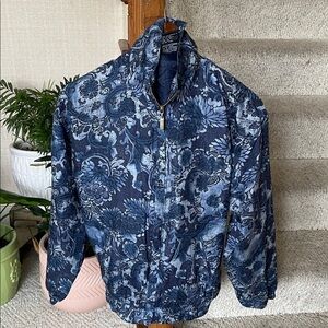 EVR Vintage 100% Silk Blue Floral Bohemian Bomber Wind Breaker Jacket